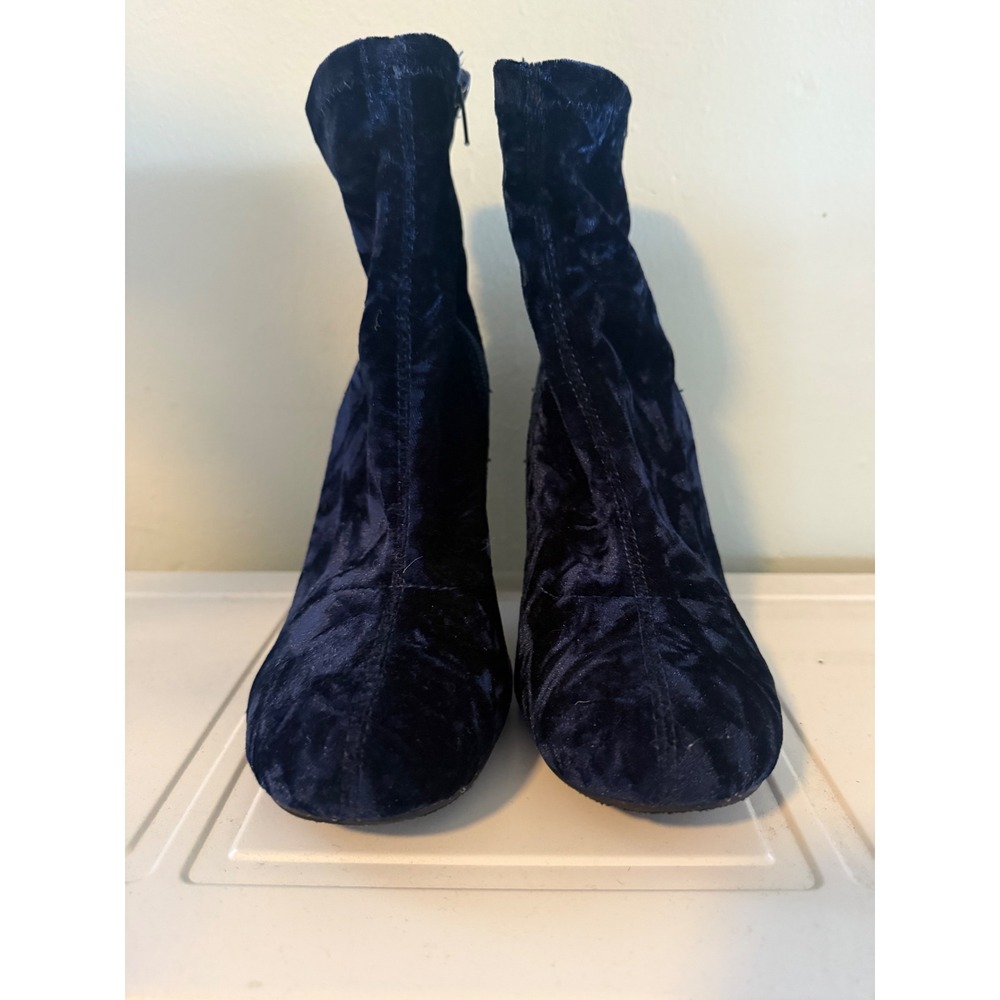 Blue Velvet Ankle Boots Block Heel Round Toe Booties whimsigoth  Y2K Women 7 m - Picture 4 of 8